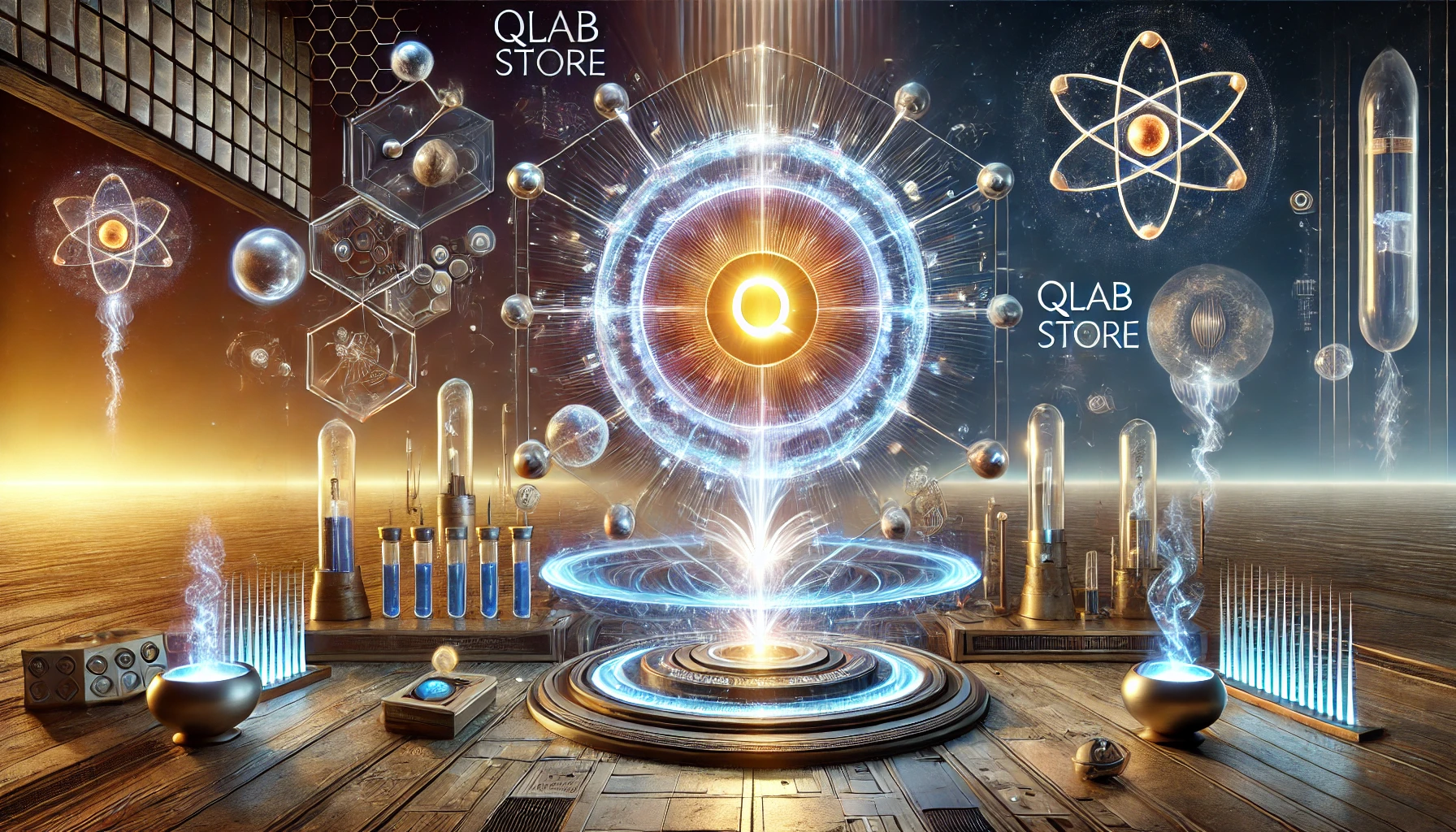 futuristic and artistic depiction of the Qlab-Store universe, blending advanced technology with spiritual and energetic harmony. 
