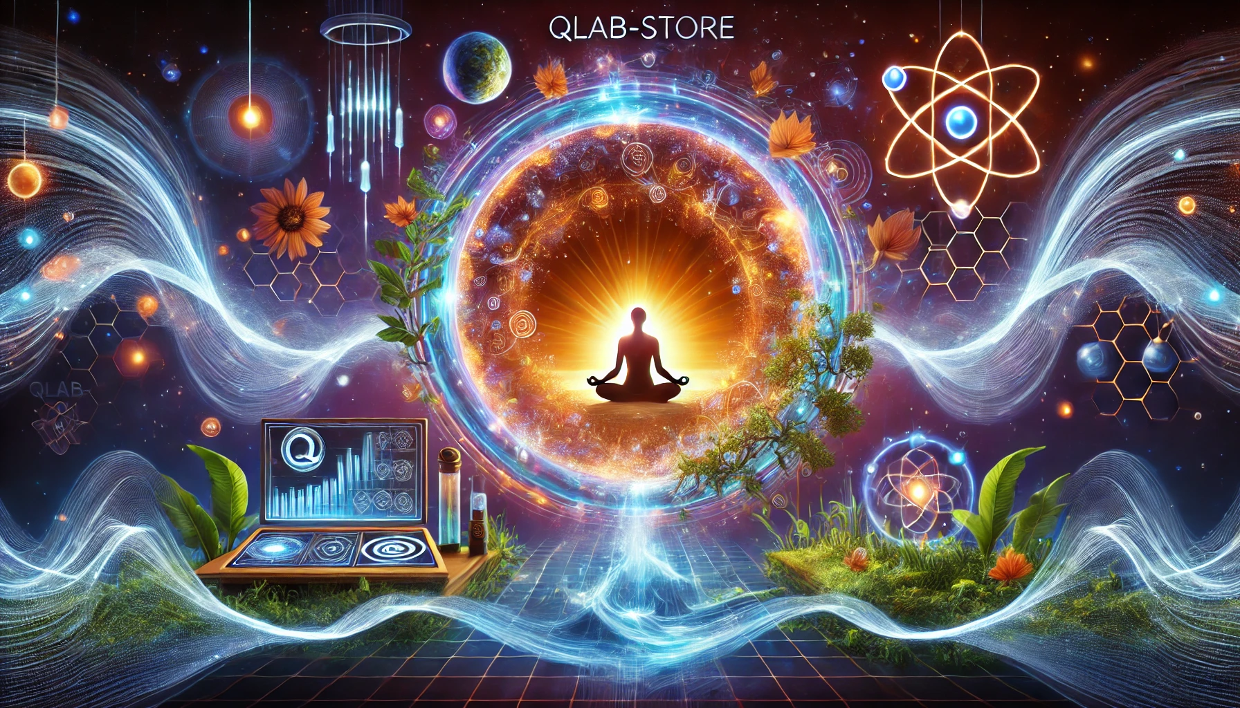 e Qlab-Store comme un portail vers une nouvelle dimension de bien-être. L'image combine harmonieusement technologie quantique, spiritualité et nature pour symboliser la transformation et l'équilibre total. 