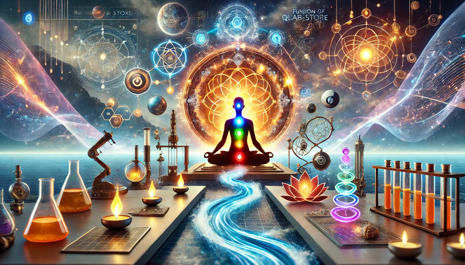 la philosophie du Qlab-Store, fusionnant science et spiritualité. Elle symbolise l’harmonie entre la technologie quantique et une approche spirituelle consciente, avec des éléments visuels tels que des chakras, des vagues énergétiques et des paysages sereins. 