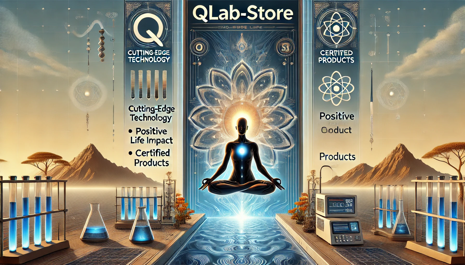 les atouts du Qlab-Store : technologie de pointe, impact positif sur la vie quotidienne et certification des produits. L’image combine harmonieusement des éléments futuristes et naturels pour refléter l'équilibre entre innovation et spiritualité. 