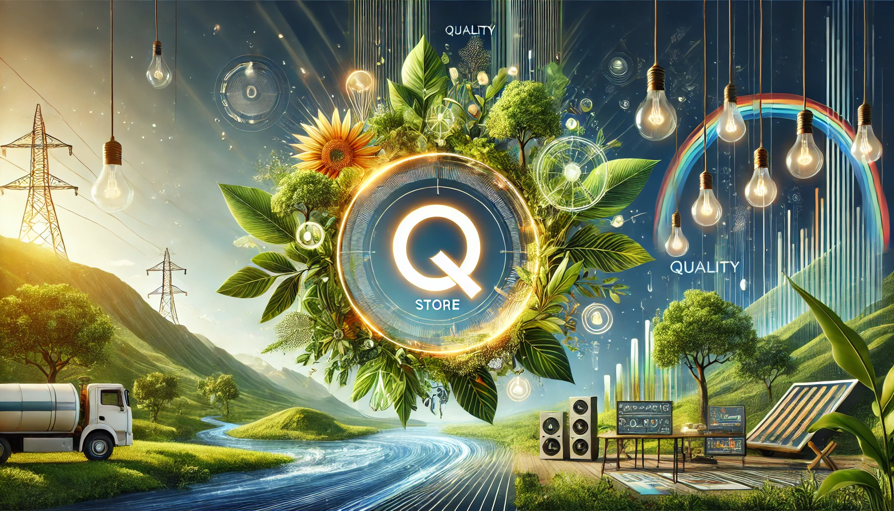 les engagements du Qlab-Store envers la qualité, l'innovation et le respect de la nature. L’image intègre des symboles éco-responsables comme des feuilles luxuriantes, des paysages naturels apaisants et des dispositifs technologiques en harmonie avec l’environnement.