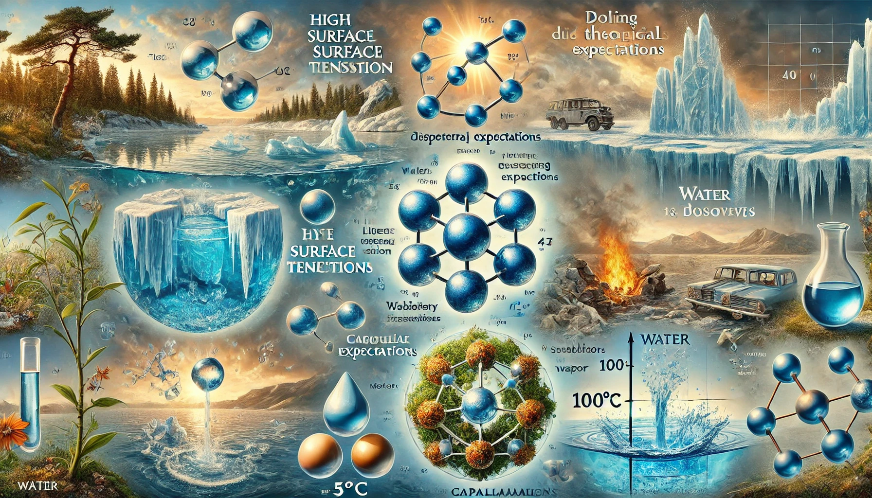 l'illustration des singularités de l'eau avec des scènes montrant ses propriétés physiques, thermiques et chimiques uniques. 