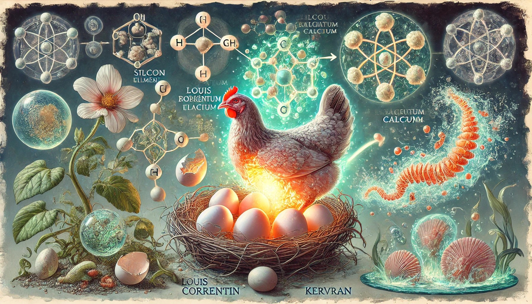 la transmutation biologique inspirée par les travaux de Louis Correntin Kervran. L'image représente de manière artistique la transformation des éléments dans la nature, avec des transitions moléculaires visibles et une aura énergétique mystique autour des organismes concernés.