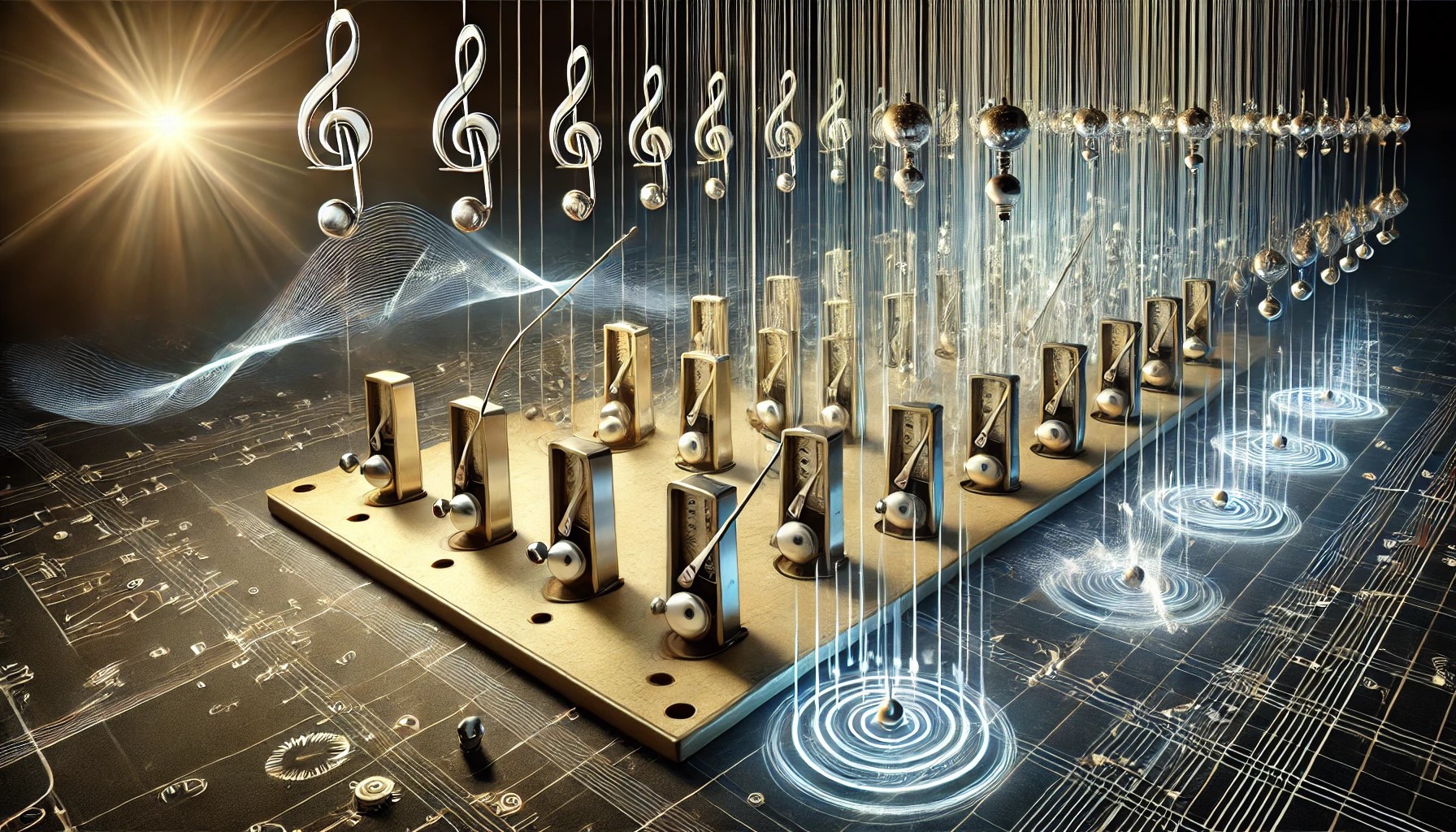 illustration détaillée de la synchronisation des métronomes par couplage harmonique. L’image met en évidence la phase initiale désordonnée et la progression vers une synchronisation parfaite, illustrant le transfert d’énergie via la plateforme suspendue. En arrière-plan, des phénomènes naturels synchronisés, comme des lucioles clignotant à l’unisson et des pendules en phase, renforcent l’universalité de ce principe.