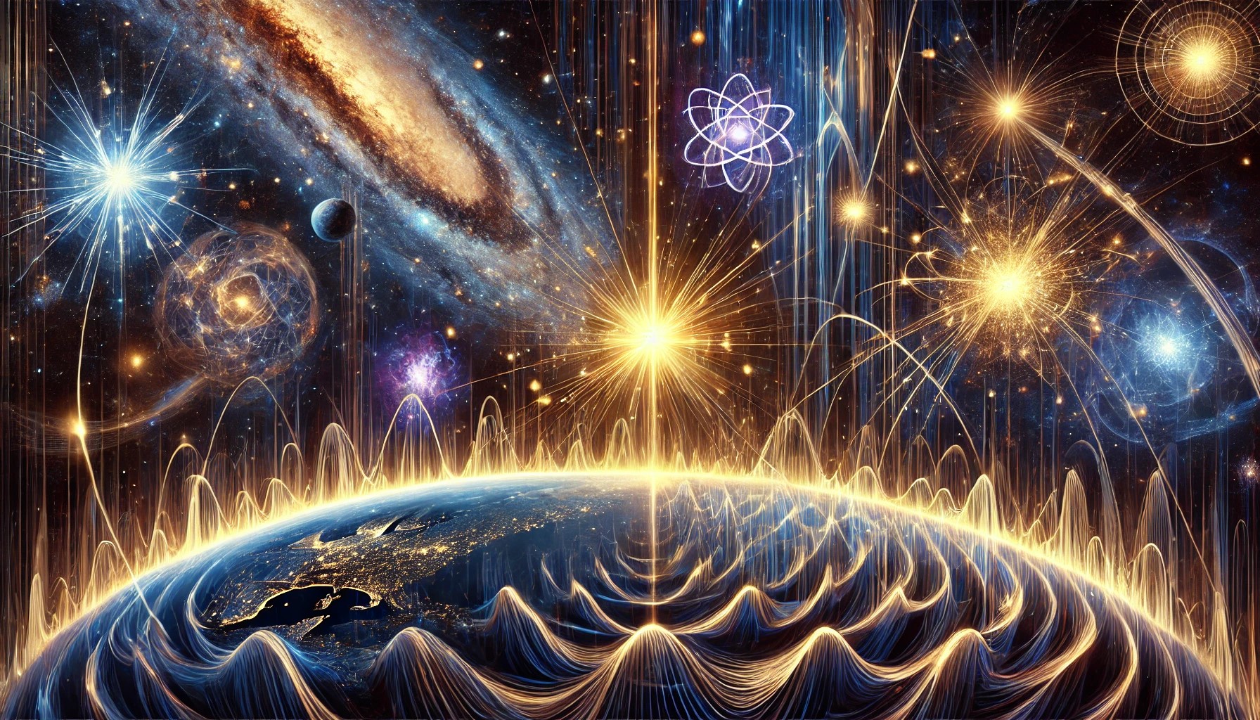  illustration détaillée des neutrinos, mettant en scène leur origine cosmique depuis le Soleil, les étoiles et une supernova lointaine. L’image montre également leur passage à travers la Terre, avec une visualisation subtile de leur interaction et de leurs oscillations. Des motifs énergétiques évoquent leur possible lien avec les ondes scalaires, illustrant leur omniprésence et leur mystère au sein de l’univers.