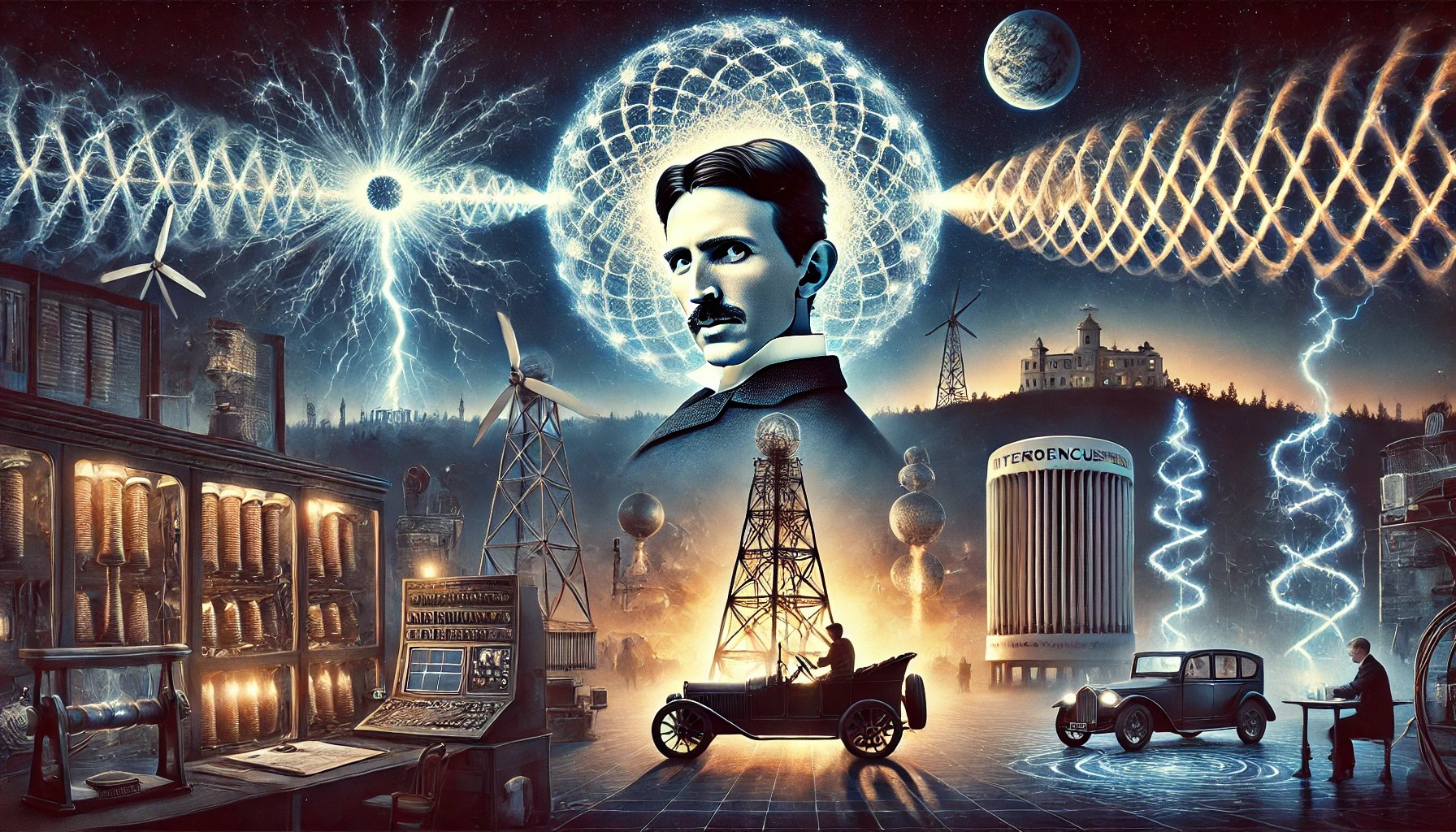 illustration mettant en scène Nikola Tesla et ses inventions révolutionnaires. L’image intègre Tesla dans son laboratoire, des arcs électriques, la tour Wardenclyffe émettant des ondes énergétiques, une référence à l’explosion de Tunguska, et une vision futuriste de l’énergie sans fil et des ondes scalaires. L’illustration allie précision historique et esthétique visionnaire pour capturer l’essence de son génie scientifique.