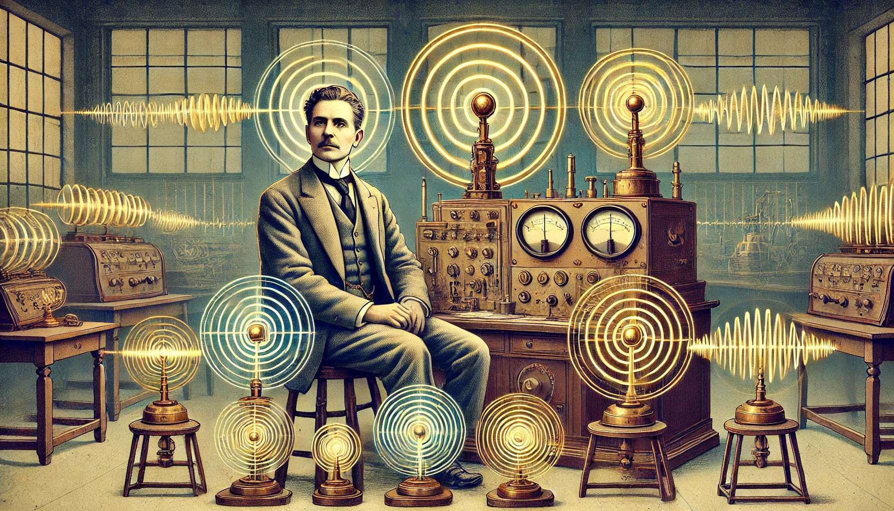 illustration historique et scientifique inspirée représentant Georges Lakhovsky dans son laboratoire avec son Oscillateur à Ondes Multiples. Lakhovsky est assis à côté de l’appareil, mettant en valeur les antennes concentriques et les ondes électromagnétiques rayonnantes, capturant l’essence de ses découvertes.