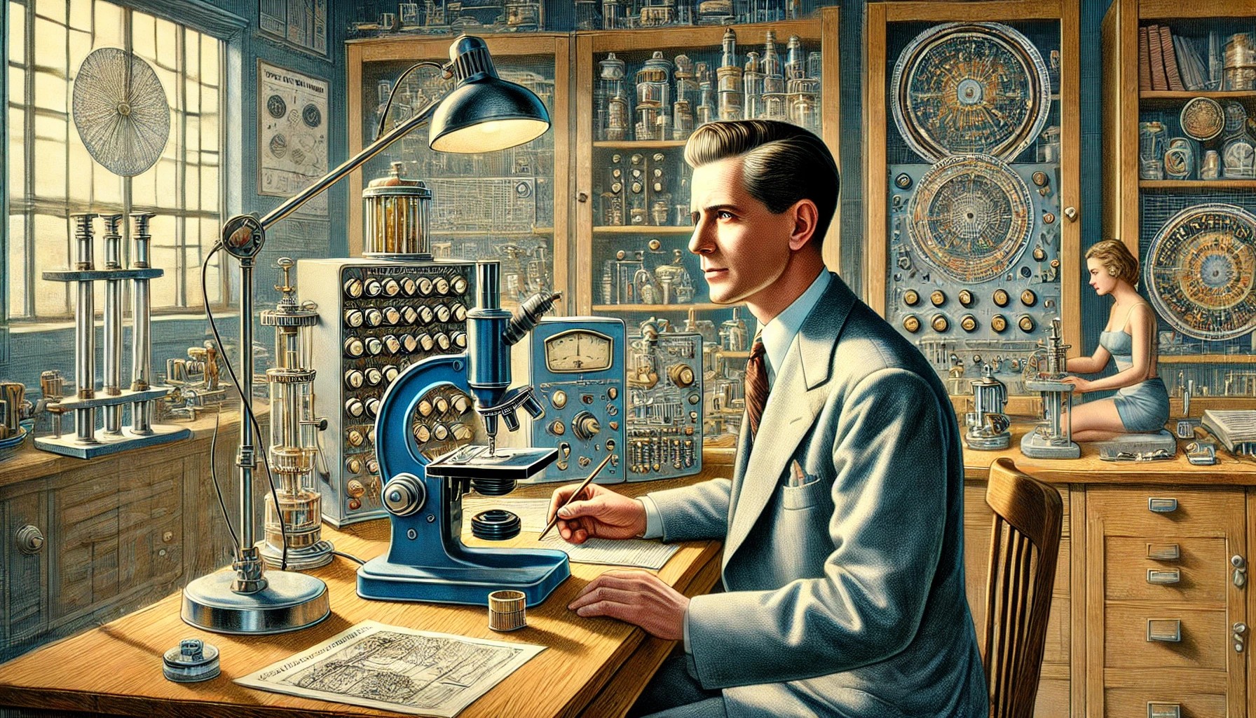 illustration grand format inspirée de Raymond Royal Rife dans un laboratoire des années 1960, mettant en avant son travail en microscopie avancée et en médecine vibratoire.