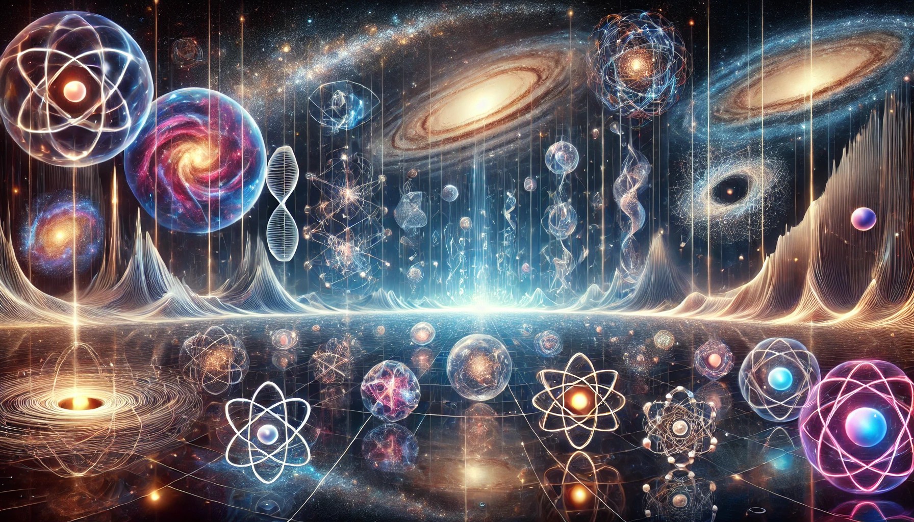 llustration panoramique représentant la théorie des cordes à travers différentes échelles de l'univers, des galaxies aux particules subatomiques, avec des représentations des dimensions cachées.