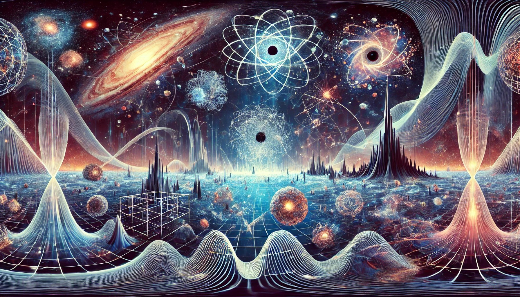 illustration représentant la connexion entre les neutrinos, les champs scalaires et la théorie des cordes. Elle fusionne des éléments de physique quantique, de structures cosmiques et d'abstractions mathématiques pour illustrer leur interaction au sein de l'univers.