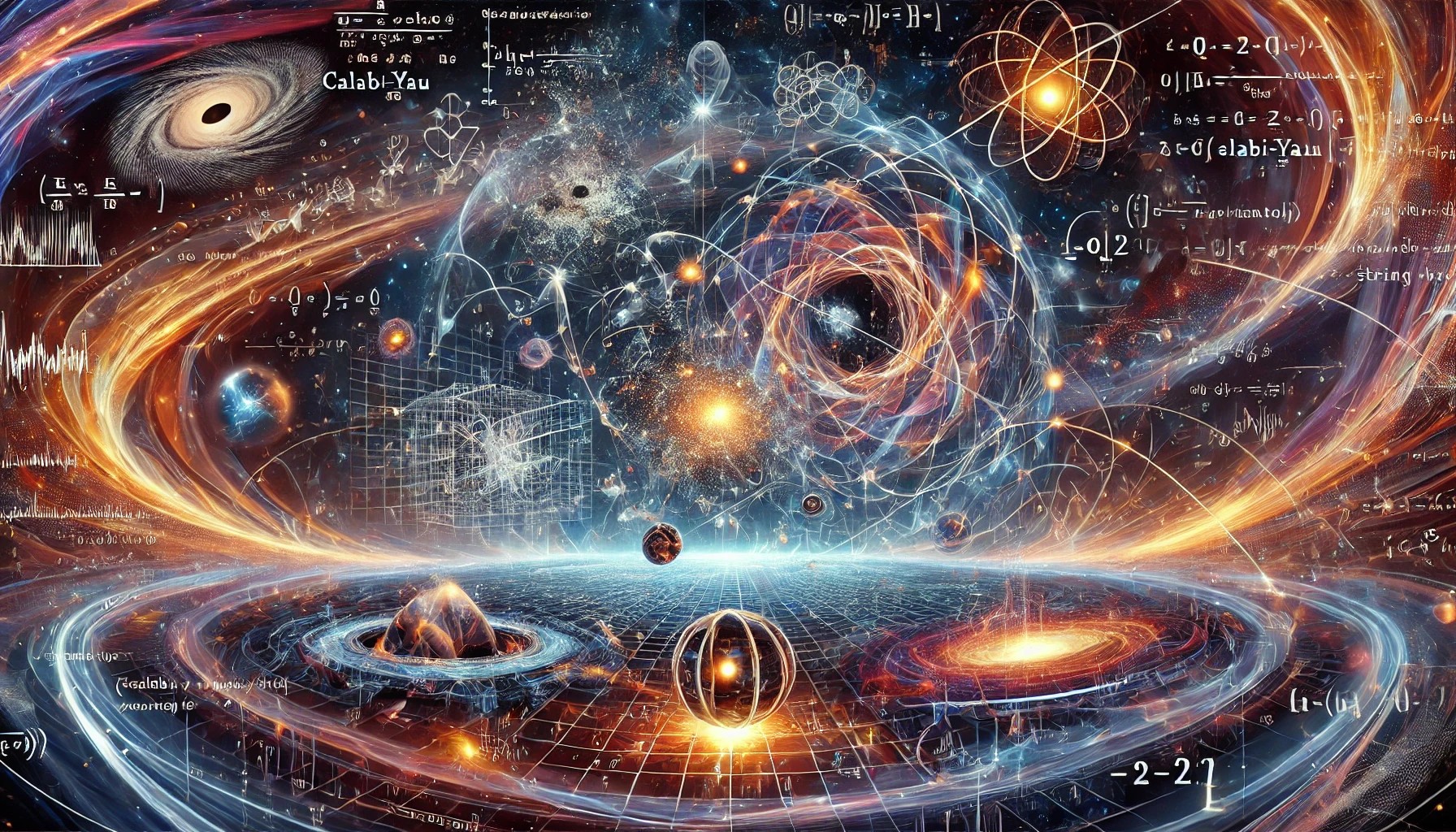 illustration représentant l'interaction entre les neutrinos, les champs scalaires et la théorie des cordes. Cette image met en avant une vision dynamique des champs quantiques, des oscillations des neutrinos et de la structure multidimensionnelle proposée par la théorie des cordes, avec un fond cosmique immersif intégrant galaxies et représentations abstraites des espaces de Calabi-Yau.