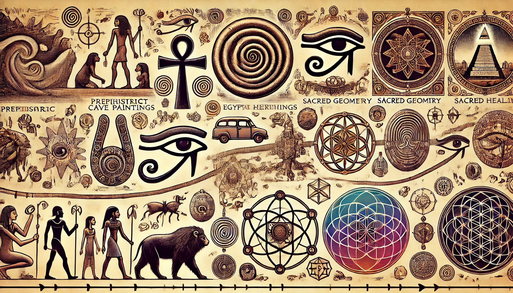 illustration représentant l'histoire de la symbolique à travers différentes époques. Elle intègre des éléments allant des peintures rupestres aux symboles alchimiques, en passant par la géométrie sacrée et les symboles énergétiques modernes.