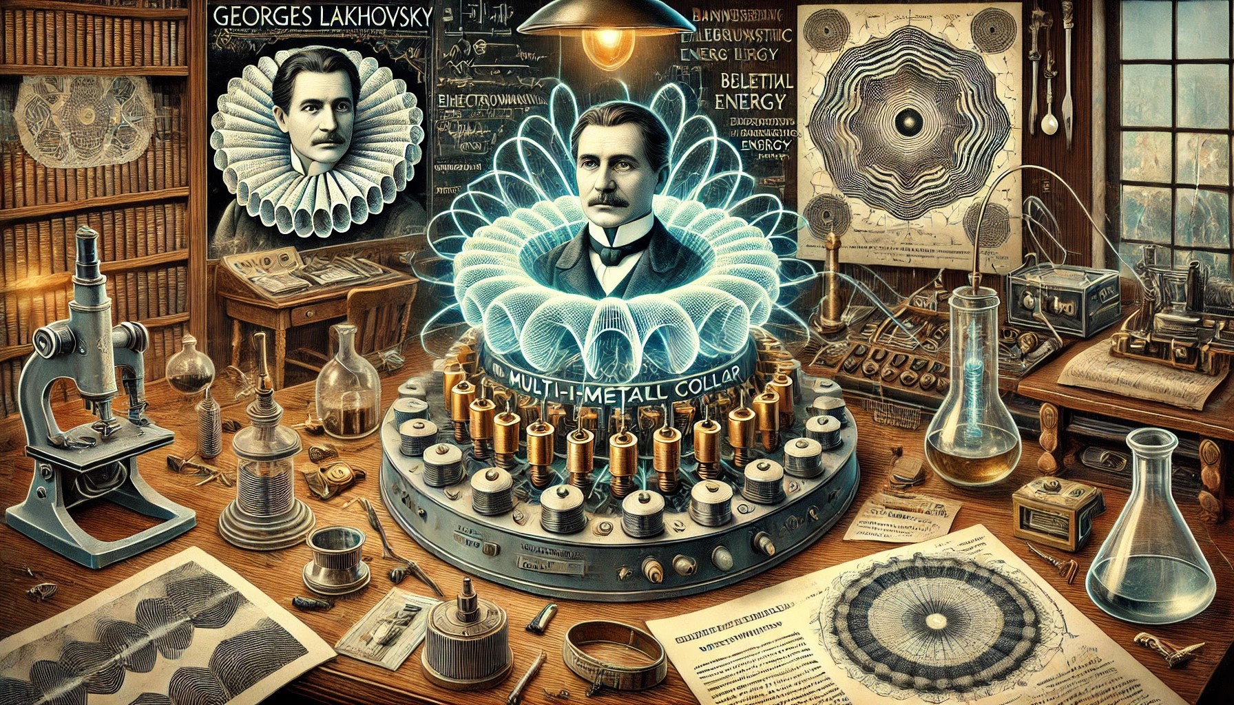 illustration détaillée des découvertes de Georges Lakhovsky, mettant en avant son collier multi-métallique et ses recherches sur les ondes électromagnétiques. L'image représente son laboratoire du 20e siècle, avec des instruments scientifiques d'époque et des schémas illustrant les interactions des ondes avec les cellules vivantes.