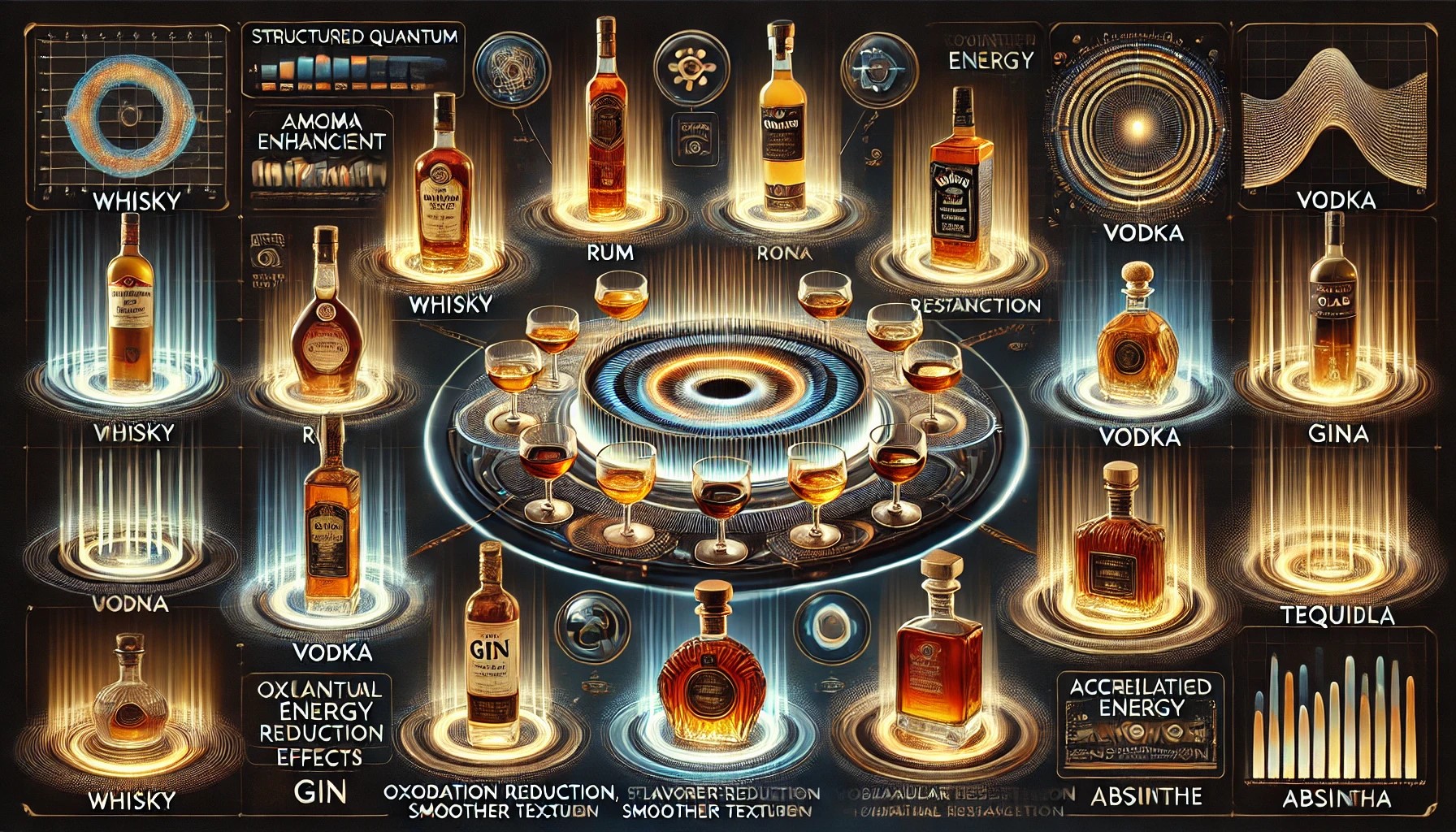  illustration mettant en avant les différents spiritueux bénéficiant du traitement QLAB. L’image présente une sélection de whisky, rhum, vodka, cognac, gin, tequila et absinthe, entourés d’ondes énergétiques structurées émanant de l’Anneau QLAB et du système vortex. Les effets visuels illustrent l’intensification des arômes, l’équilibre des saveurs, l’amélioration de la texture et la restructuration moléculaire. Des affichages holographiques analysent la réduction de l’oxydation, l’accélération du vieillissement et l’augmentation de l’énergie vibratoire, mettant en valeur la fusion entre raffinement, luxe et optimisation avancée des spiritueux.