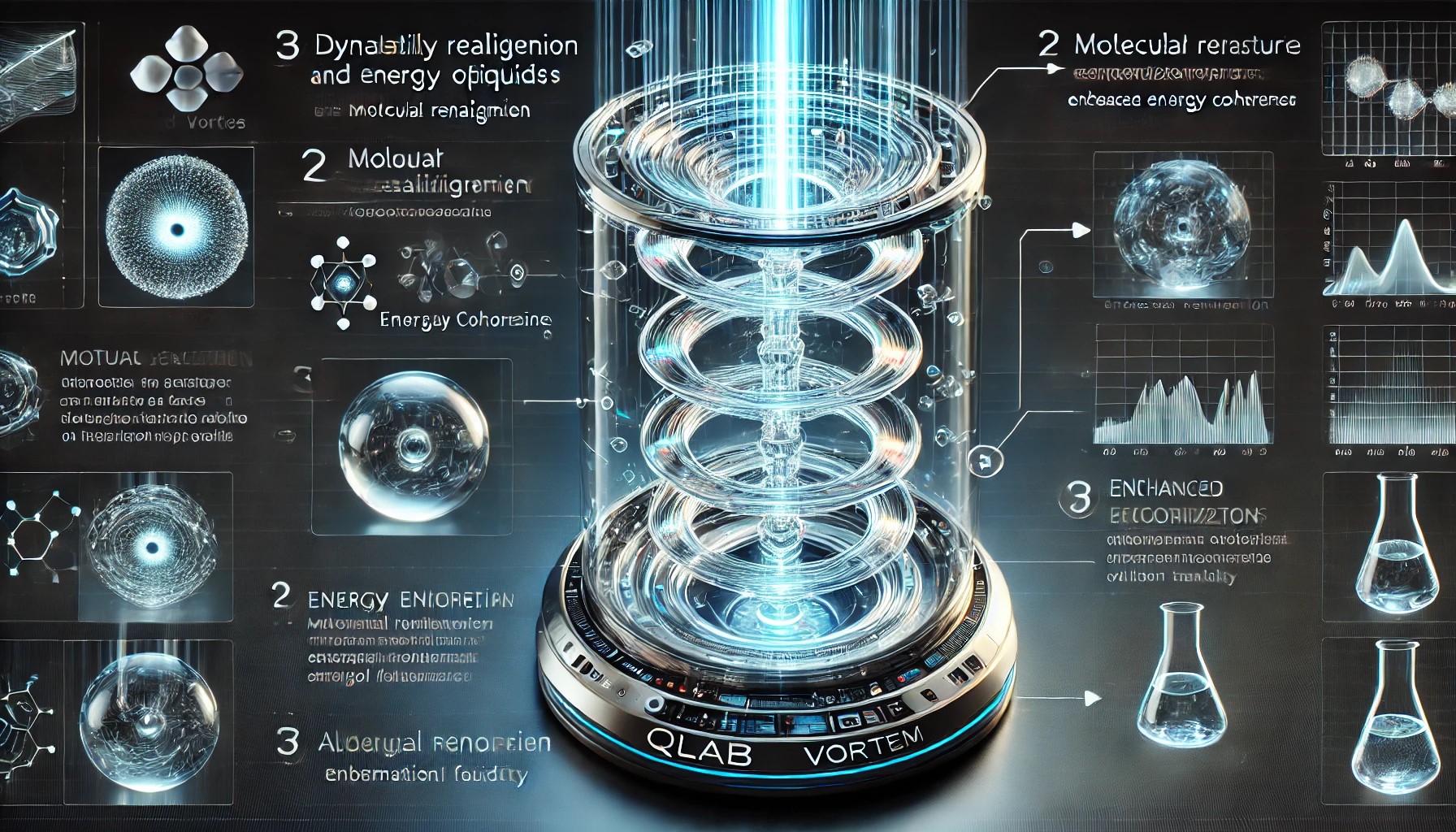 illustration grand format du fonctionnement du vortex dans le QLAB. Cette image met en avant la structuration dynamique des liquides, l'encodage Alfavian, et les effets optimisateurs sur la cohérence moléculaire et vibratoire. 