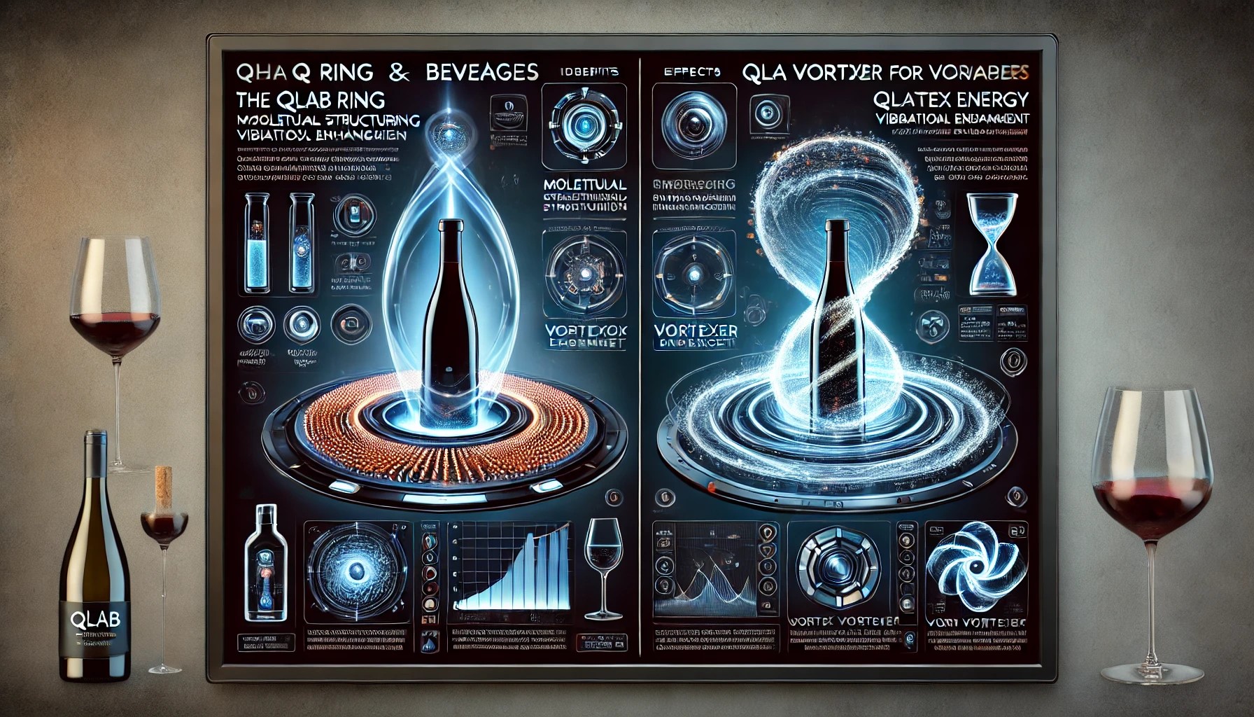 illustration grand format représentant les différences entre l'Anneau QLAB et le Vortexeur QLAB sur les boissons. Elle met en avant les effets spécifiques de chaque dispositif, avec une visualisation dynamique et technologique.