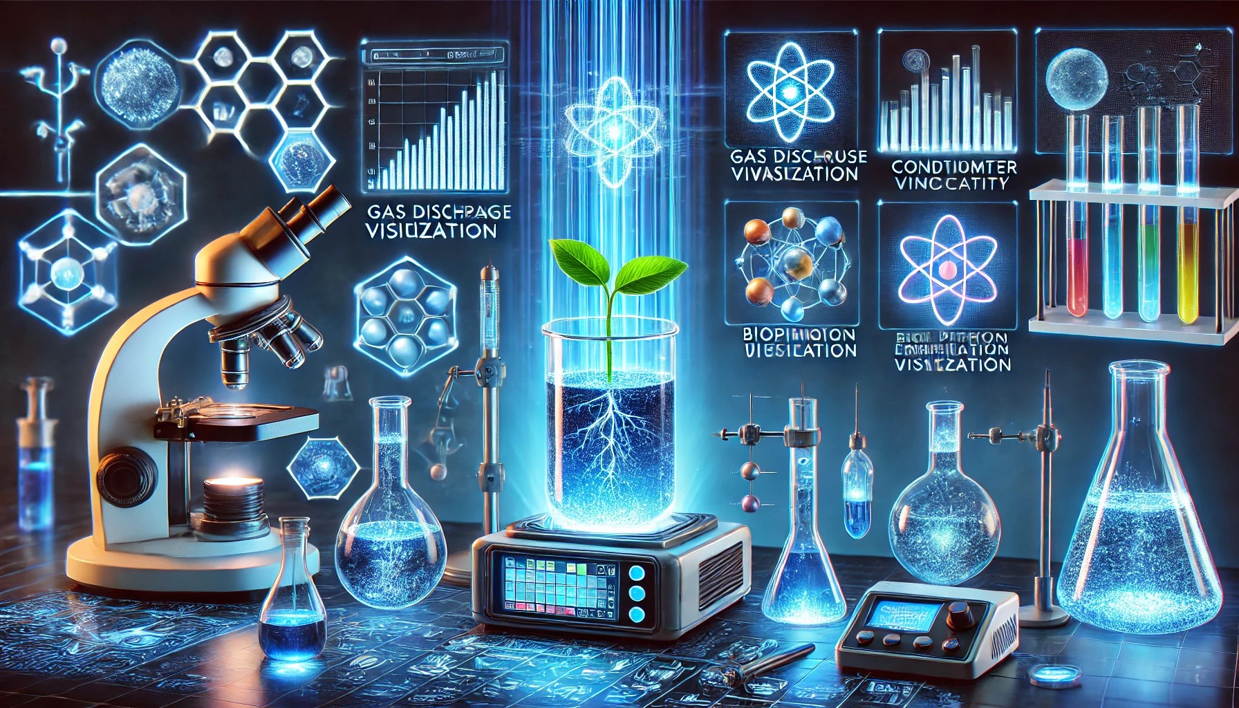 illustration grand format représentant les différentes méthodes scientifiques pour mesurer les effets du QLAB sur les liquides. Elle inclut des outils comme le spectromètre, le conductimètre, la caméra GDV, et bien d'autres, dans un environnement futuriste et technologique.