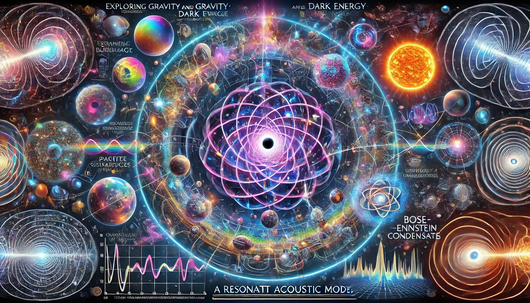 illustration panoramique représentant "Exploration de la Gravité et de l'Énergie Sombre : Un Modèle Acoustique Résonant". L'image fusionne des éléments cosmiques et quantiques, incluant des structures toroïdales dynamiques, des vortex quantiques, et un réseau fractal illustrant l'interconnexion des forces gravitationnelles et énergétiques à différentes échelles.