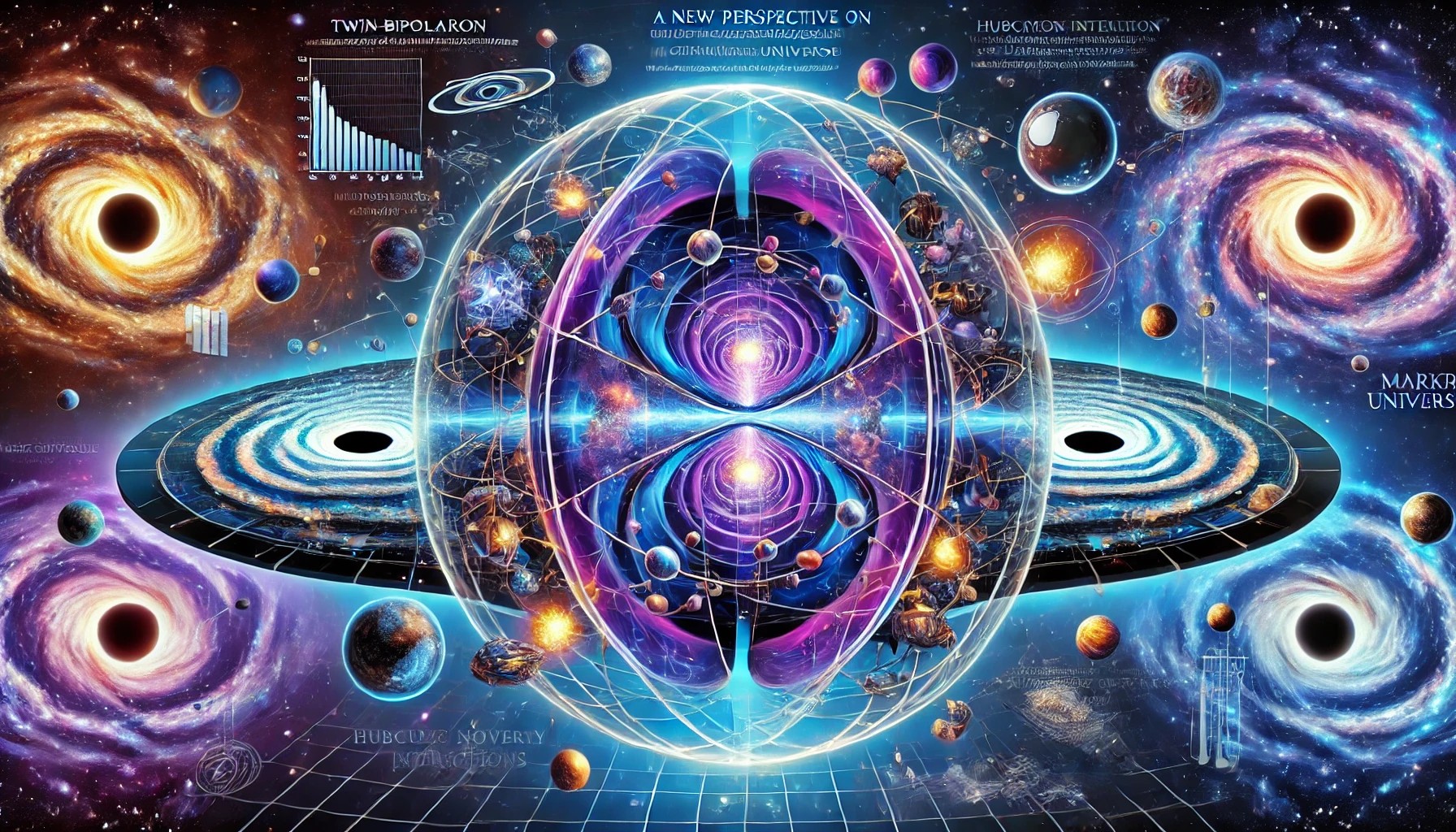 illustration panoramique représentant "Une Nouvelle Perspective sur la Gravité et l’Univers Miroir". L'image fusionne des concepts de dualité universelle, de structures toroïdales entrelacées, de transitions quantiques et d’interactions tachyoniques, illustrant la connexion entre la gravité lumineuse et la gravité obscure dans un cadre cosmologique avancé.