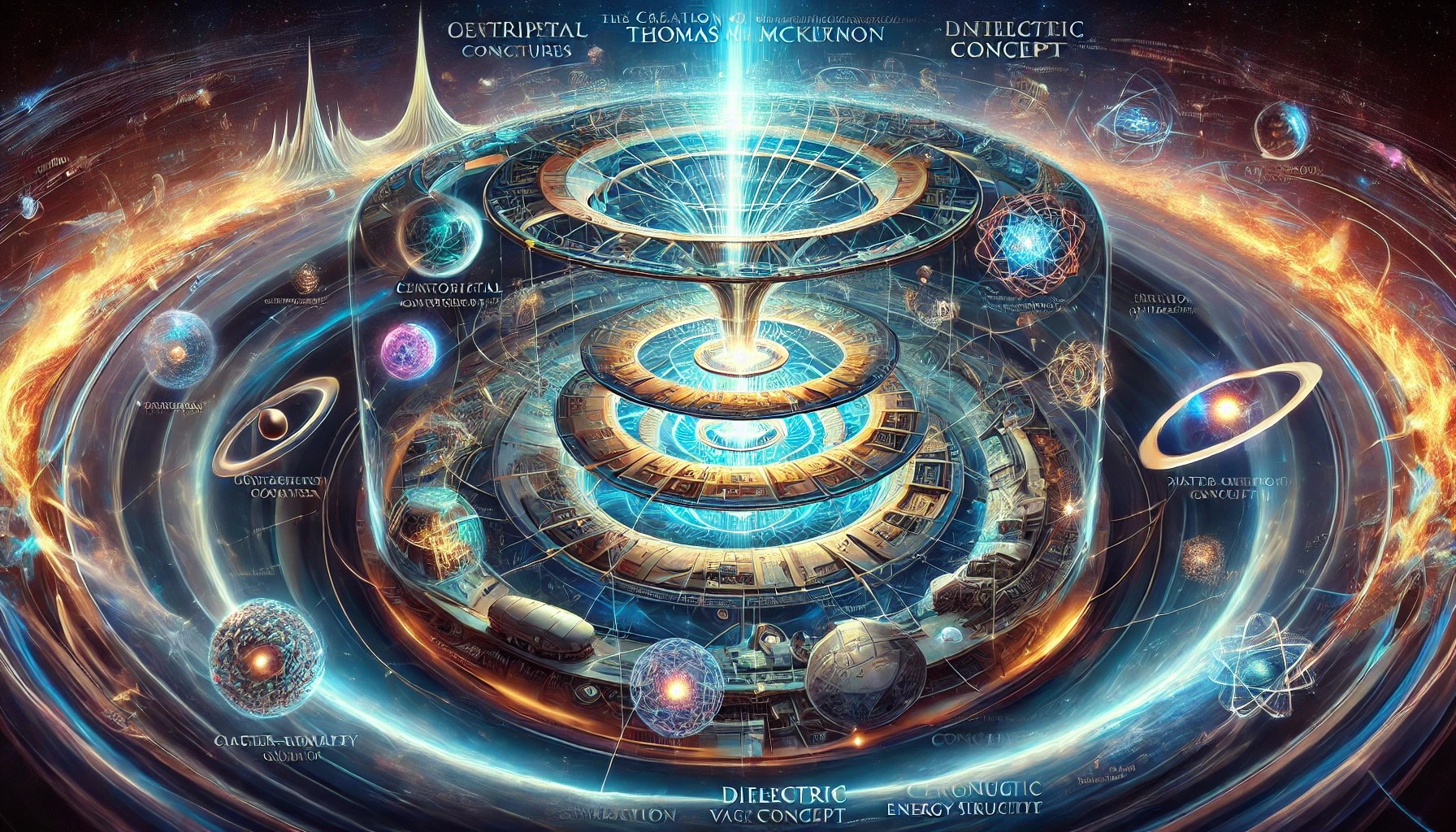 illustration panoramique représentant La création du cosmos et le concept physique de Thomas McKernon. L’image met en scène des structures vortex primordiales centripètes et centrifuges, une visualisation dynamique du vide diélectrique comme réservoir énergétique, des interactions illustrant l'asymétrie matière-antimatière et la violation CP, la genèse des protons à l’échelle cosmique, une grille cosmique encodant la conservation de l’énergie, un cadre cosmologique unifié reliant mécanique quantique et relativité générale, ainsi qu’une expansion ordonnée de l’univers. L’ensemble illustre une perspective novatrice sur la formation du cosmos et ses dynamiques énergétiques fondamentales.