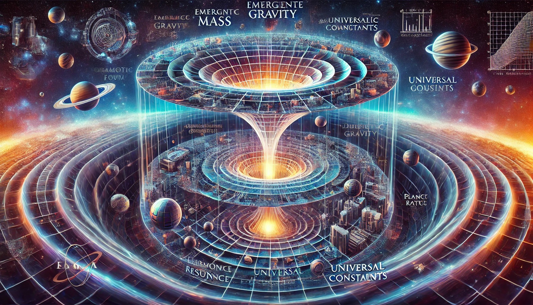 illustration panoramique représentant Masse émergente, gravité et constantes universelles à travers le vide diélectrique. L’image met en scène un flux cosmique illustrant la gravité en tant que force émergente due aux gradients d’entropie, une structure en mousse quantique formant une grille dynamique d’espace-temps, un cadre harmonique basé sur le nombre d’or et les séquences de Fibonacci stabilisant la matière, des particules émergentes comme fluctuations énergétiques localisées dans le vide structuré, des représentations symboliques des constantes universelles (fréquence Compton, vitesse de la lumière, constante de Planck), des vortex géométriques illustrant l’interaction entre l’énergie et l’espace-temps, et une vision unifiée de la cosmologie intégrant dynamiques quantiques et gravitationnelles. L’ensemble illustre un modèle unifié où la masse et la gravité émergent des propriétés géométriques et dynamiques du vide.