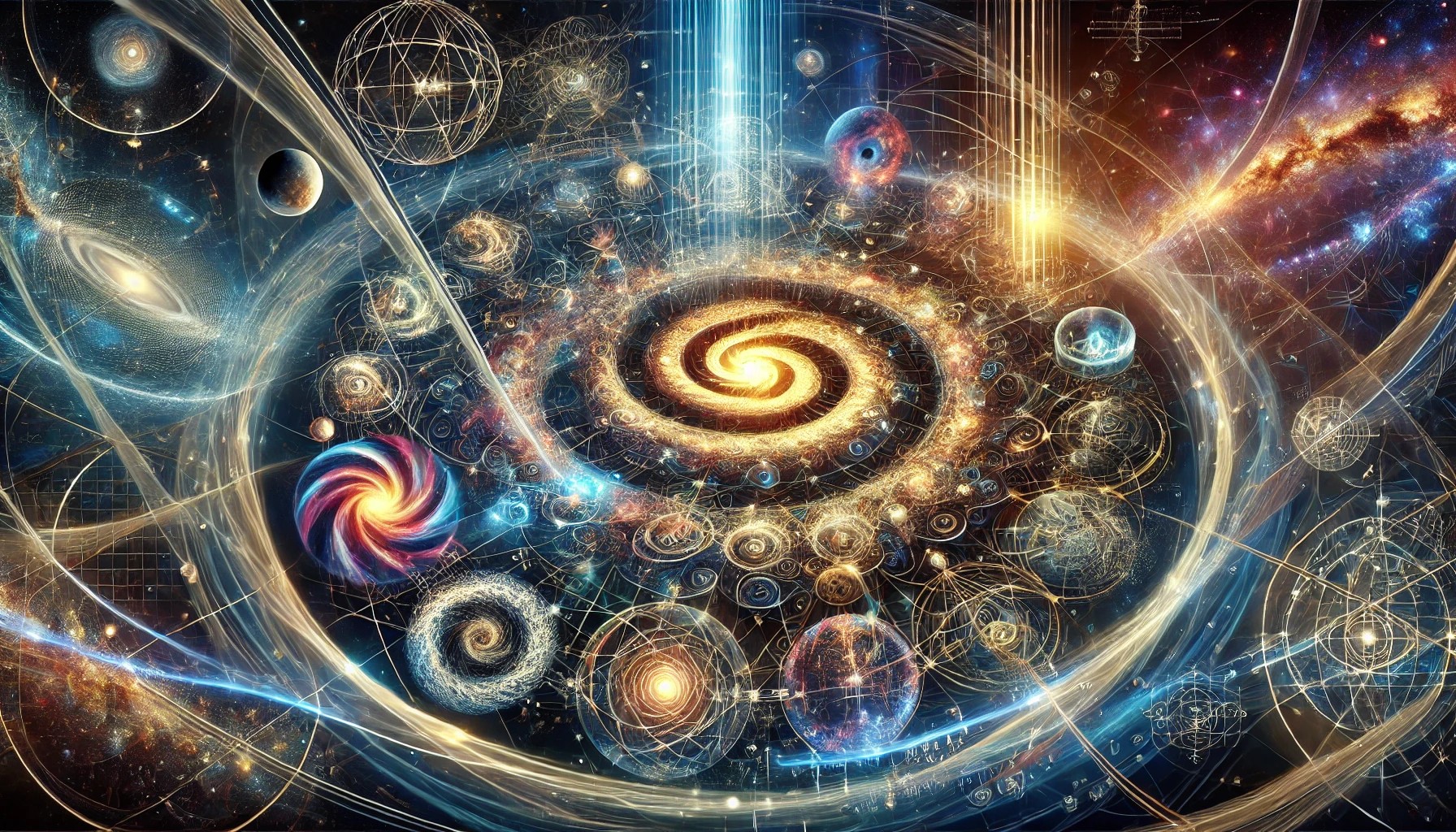 illustration panoramique représentant Une Vision Cosmologique Unifiée. L’image illustre une toile cosmique interconnectée, des formes toroïdales et spirales intégrant la géométrie sacrée, des ondes vibratoires quantiques influençant l’évolution universelle, des structures célestes harmonisées selon des principes fractals, et un noyau lumineux central représentant l’équilibre des forces fondamentales. L’ensemble reflète une vision immersive et conceptuelle de l’univers en résonance avec les lois fondamentales de la physique et de l’harmonie cosmique.