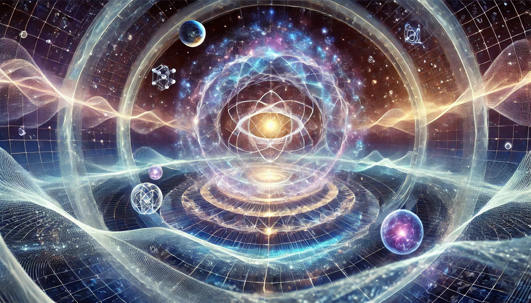 illustration représentant l'interaction entre les dimensions spirituelles, les ondes scalaires et la cosmologie dans une vision unifiée. Cette image met en scène un vaste cosmos avec des champs énergétiques tourbillonnants, des structures multidimensionnelles translucides et un vortex toroïdal central, symbolisant l'unification des dimensions spirituelles et physiques. Les motifs ondulatoires scalaires se propagent à travers l'univers, reliant les plans célestes et éthérés dans une danse harmonieuse de lumière et d'énergie.