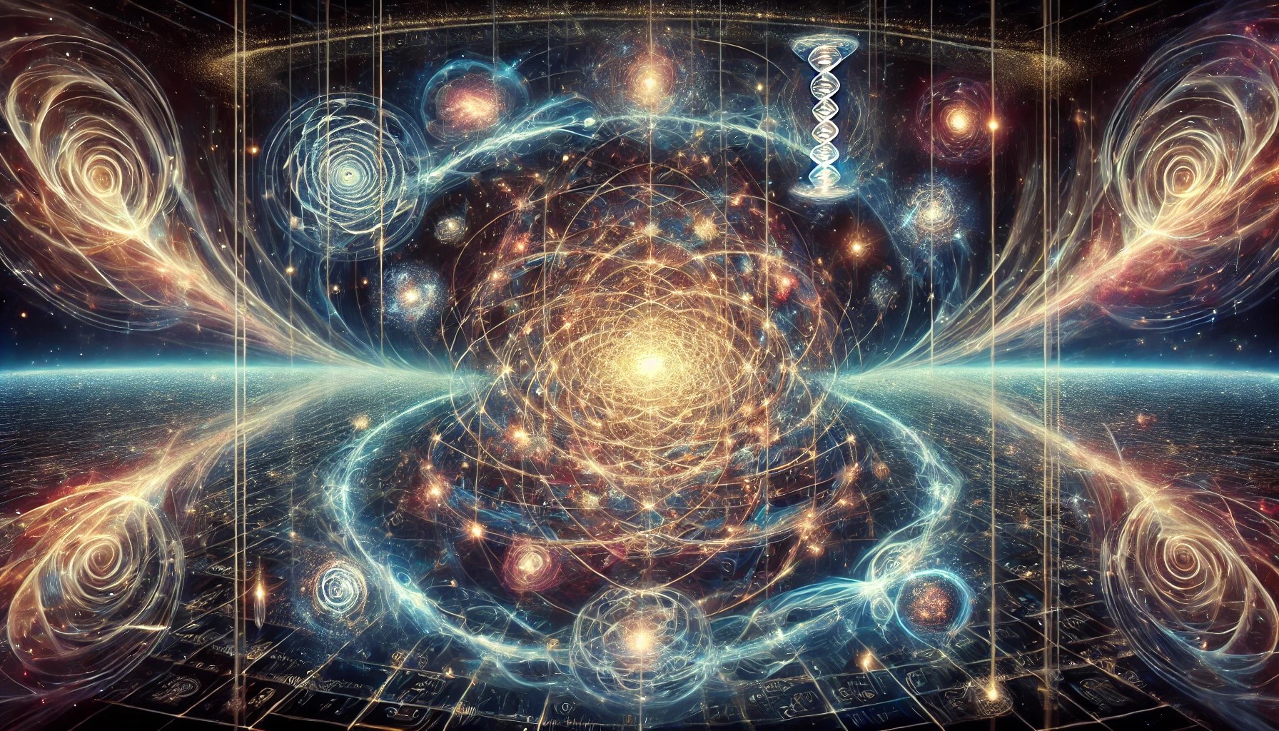 illustration grand format représentant l'extension de la vision cosmologique avec les dimensions spirituelles et les ondes scalaires. L’image met en lumière un univers multidimensionnel où les champs énergétiques, les structures éthérées et les vortex de conscience interagissent à travers des ondes scalaires. N’hésitez pas à me dire si vous souhaitez des ajustements ou des ajouts spécifiques !